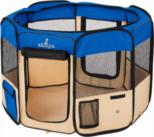 Zampa Portable Foldable Pet playpen Exercise Pen Kennel + Carrying Case (Color: Blue, size: Medium (45"x45"x24"))